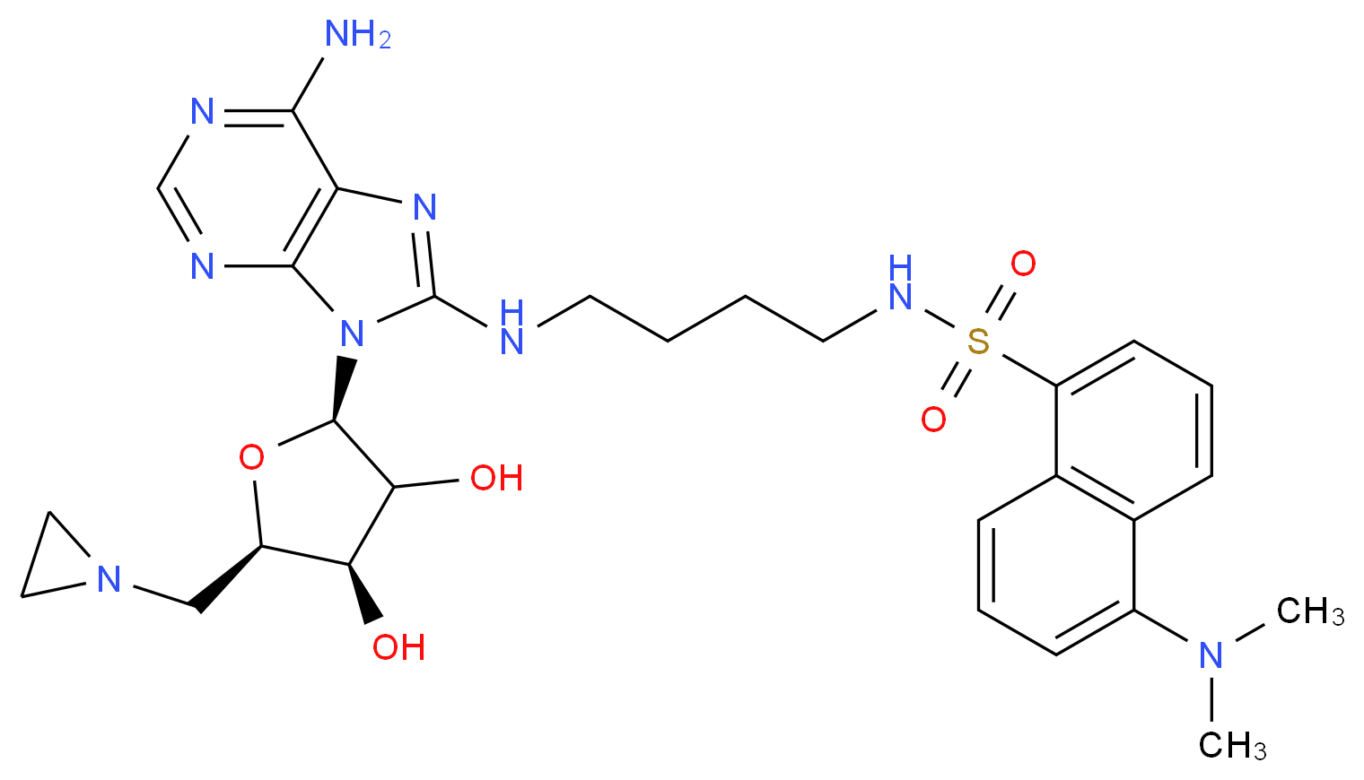 N-[4-({6-amino-9-[(2R,4R,5R)-5-(aziridin-1-ylmethyl)-3,4-dihydroxyoxolan-2-yl]-9H-purin-8-yl}amino)butyl]-5-(dimethylamino)naphthalene-1-sulfonamide_分子结构_CAS_256953-68-1