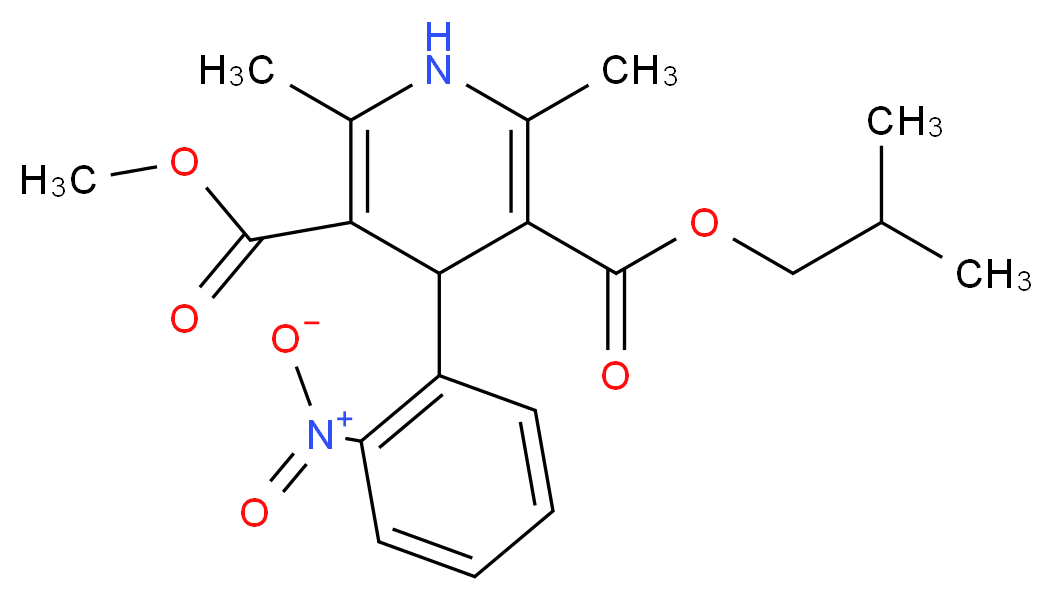3-methyl 5-(2-methylpropyl) 2,6-dimethyl-4-(2-nitrophenyl)-1,4-dihydropyridine-3,5-dicarboxylate_分子结构_CAS_63675-72-9
