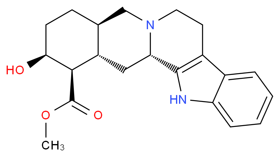 methyl (1S,15R,18S,19R,20S)-18-hydroxy-3,13-diazapentacyclo[11.8.0.0<sup>2</sup>,<sup>1</sup><sup>0</sup>.0<sup>4</sup>,<sup>9</sup>.0<sup>1</sup><sup>5</sup>,<sup>2</sup><sup>0</sup>]henicosa-2(10),4,6,8-tetraene-19-carboxylate_分子结构_CAS_146-48-5