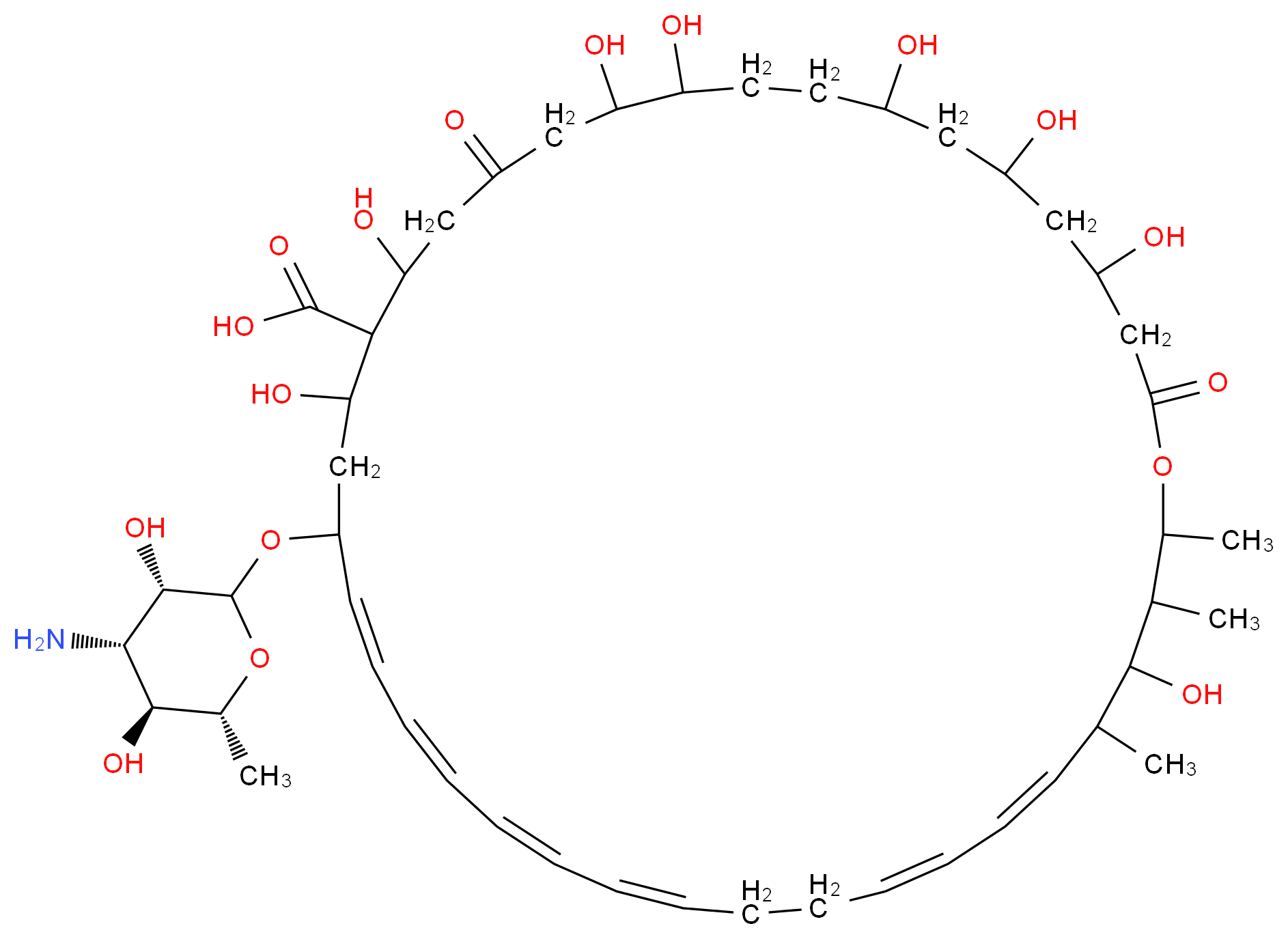 (21E,23E,25E,27E,31E,33E)-20-{[(3S,4S,5S,6R)-4-amino-3,5-dihydroxy-6-methyloxan-2-yl]oxy}-4,6,8,11,12,16,18,36-octahydroxy-35,37,38-trimethyl-2,14-dioxo-1-oxacyclooctatriaconta-21,23,25,27,31,33-hexaene-17-carboxylic acid_分子结构_CAS_1400-61-9