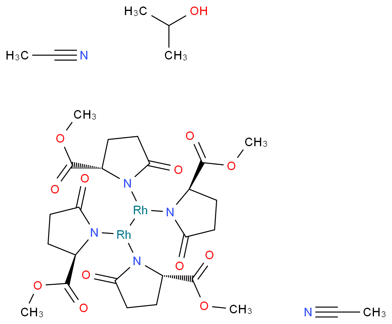 四(2-吡咯烷酮-5(S)-羧酸甲酯)二铑(II),乙腈/2-丙醇 络合物_分子结构_CAS_132435-65-5)