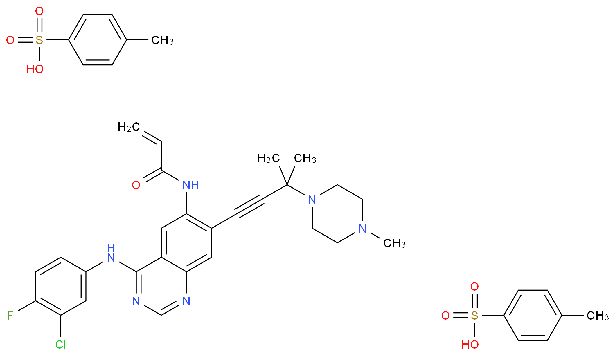 bis(4-methylbenzene-1-sulfonic acid); N-{4-[(3-chloro-4-fluorophenyl)amino]-7-[3-methyl-3-(4-methylpiperazin-1-yl)but-1-yn-1-yl]quinazolin-6-yl}prop-2-enamide_分子结构_CAS_451493-31-5