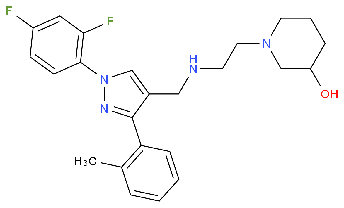 1-[2-({[1-(2,4-difluorophenyl)-3-(2-methylphenyl)-1H-pyrazol-4-yl]methyl}amino)ethyl]-3-piperidinol_分子结构_CAS_)