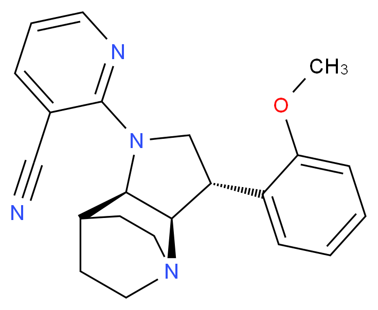 2-[(2R*,3S*,6R*)-3-(2-methoxyphenyl)-1,5-diazatricyclo[5.2.2.0~2,6~]undec-5-yl]nicotinonitrile_分子结构_CAS_)