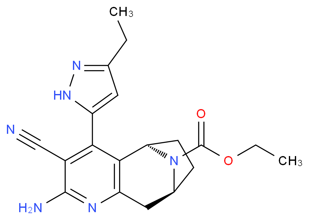ethyl (5R*,8S*)-2-amino-3-cyano-4-(3-ethyl-1H-pyrazol-5-yl)-6,7,8,9-tetrahydro-5H-5,8-epiminocyclohepta[b]pyridine-10-carboxylate_分子结构_CAS_)
