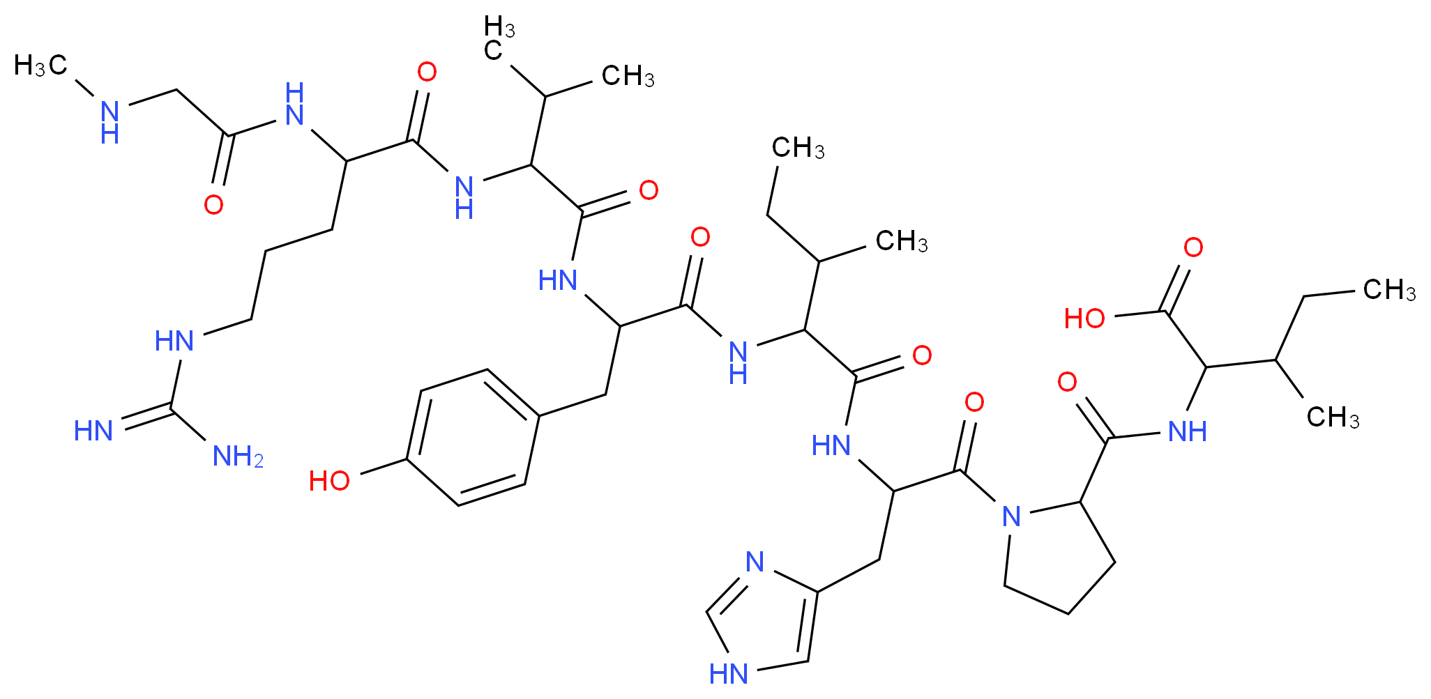 2-{[1-(2-{2-[2-(2-{5-carbamimidamido-2-[2-(methylamino)acetamido]pentanamido}-3-methylbutanamido)-3-(4-hydroxyphenyl)propanamido]-3-methylpentanamido}-3-(1H-imidazol-4-yl)propanoyl)pyrrolidin-2-yl]formamido}-3-methylpentanoic acid_分子结构_CAS_67724-27-0