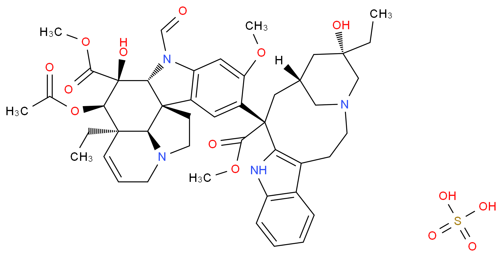 sulfuric acid methyl (1R,9R,10S,11R,12R,19R)-11-(acetyloxy)-12-ethyl-4-[(13S,15R,17S)-17-ethyl-17-hydroxy-13-(methoxycarbonyl)-1,11-diazatetracyclo[13.3.1.0<sup>4</sup>,<sup>1</sup><sup>2</sup>.0<sup>5</sup>,<sup>1</sup><sup>0</sup>]nonadeca-4(12),5,7,9-tetraen-13-yl]-8-formyl-10-hydroxy-5-methoxy-8,16-diazapentacyclo[10.6.1.0<sup>1</sup>,<sup>9</sup>.0<sup>2</sup>,<sup>7</sup>.0<sup>1</sup><sup>6</sup>,<sup>1</sup><sup>9</sup>]nonadeca-2,4,6,13-tetraene-10-carboxylate_分子结构_CAS_2068-78-2