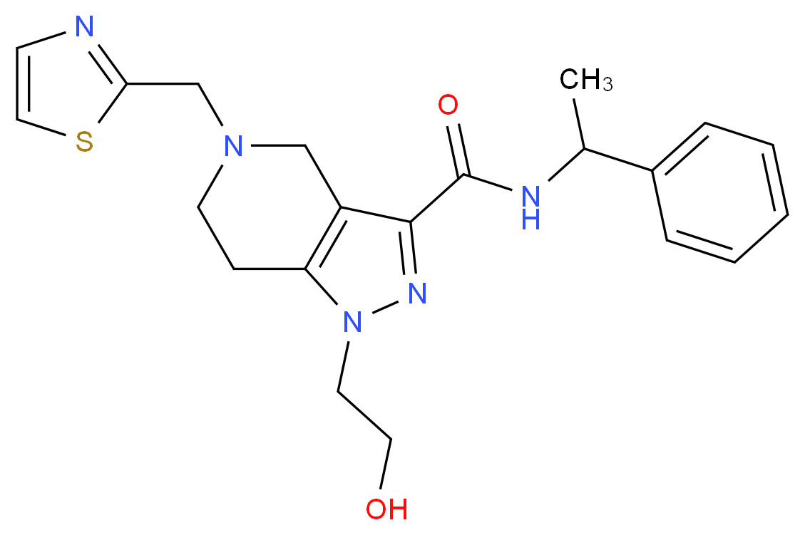 1-(2-hydroxyethyl)-N-(1-phenylethyl)-5-(1,3-thiazol-2-ylmethyl)-4,5,6,7-tetrahydro-1H-pyrazolo[4,3-c]pyridine-3-carboxamide_分子结构_CAS_)