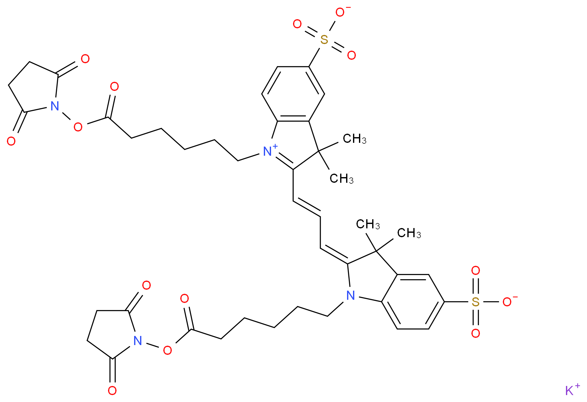 Cyanine 3 Bihexanoic Acid Dye, Succinimidyl Ester, Potassium Salt_分子结构_CAS_1311966-47-8)