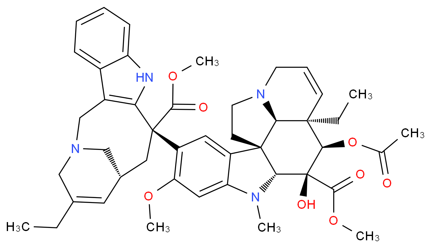 methyl (1R,9R,10S,11R,12R,19R)-11-(acetyloxy)-12-ethyl-4-[(12S,14R)-16-ethyl-12-(methoxycarbonyl)-1,10-diazatetracyclo[12.3.1.0<sup>3</sup>,<sup>1</sup><sup>1</sup>.0<sup>4</sup>,<sup>9</sup>]octadeca-3(11),4,6,8,15-pentaen-12-yl]-10-hydroxy-5-methoxy-8-methyl-8,16-diazapentacyclo[10.6.1.0<sup>1</sup>,<sup>9</sup>.0<sup>2</sup>,<sup>7</sup>.0<sup>1</sup><sup>6</sup>,<sup>1</sup><sup>9</sup>]nonadeca-2,4,6,13-tetraene-10-carboxylate_分子结构_CAS_71486-22-1