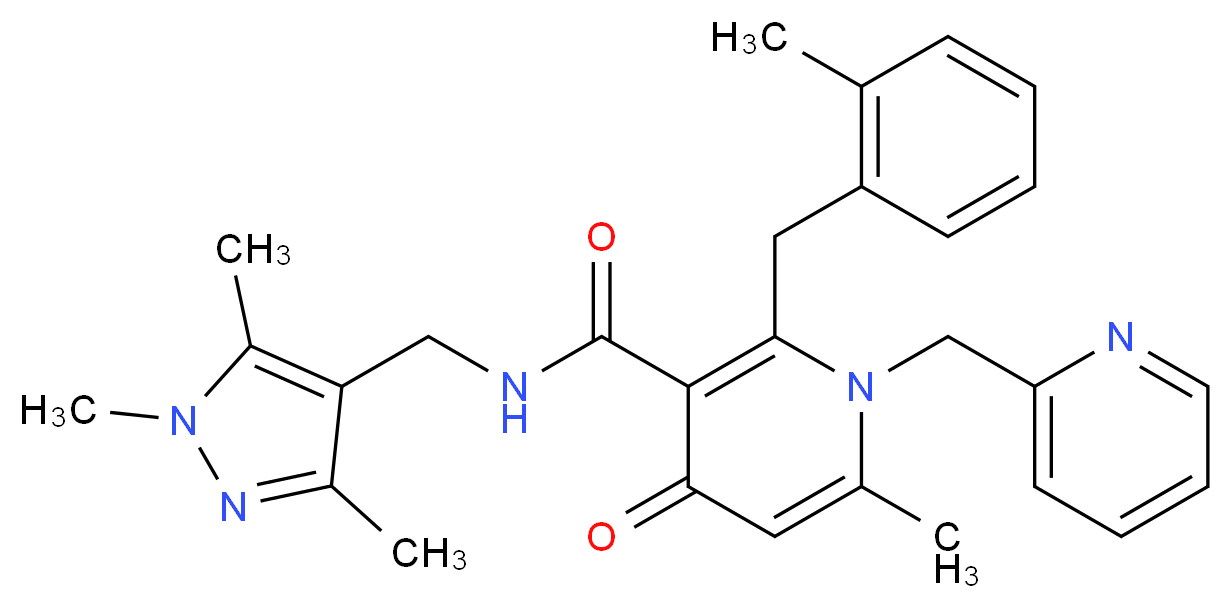 6-methyl-2-(2-methylbenzyl)-4-oxo-1-(2-pyridinylmethyl)-N-[(1,3,5-trimethyl-1H-pyrazol-4-yl)methyl]-1,4-dihydro-3-pyridinecarboxamide_分子结构_CAS_)