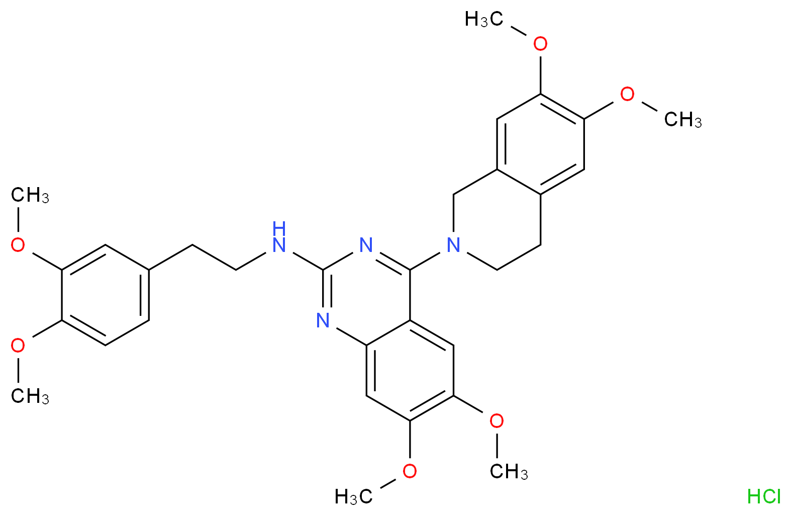 4-(6,7-dimethoxy-1,2,3,4-tetrahydroisoquinolin-2-yl)-N-[2-(3,4-dimethoxyphenyl)ethyl]-6,7-dimethoxyquinazolin-2-amine hydrochloride_分子结构_CAS_142715-48-8