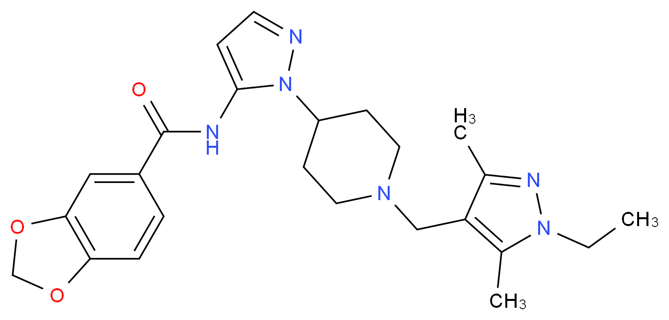 N-(1-{1-[(1-ethyl-3,5-dimethyl-1H-pyrazol-4-yl)methyl]-4-piperidinyl}-1H-pyrazol-5-yl)-1,3-benzodioxole-5-carboxamide_分子结构_CAS_)