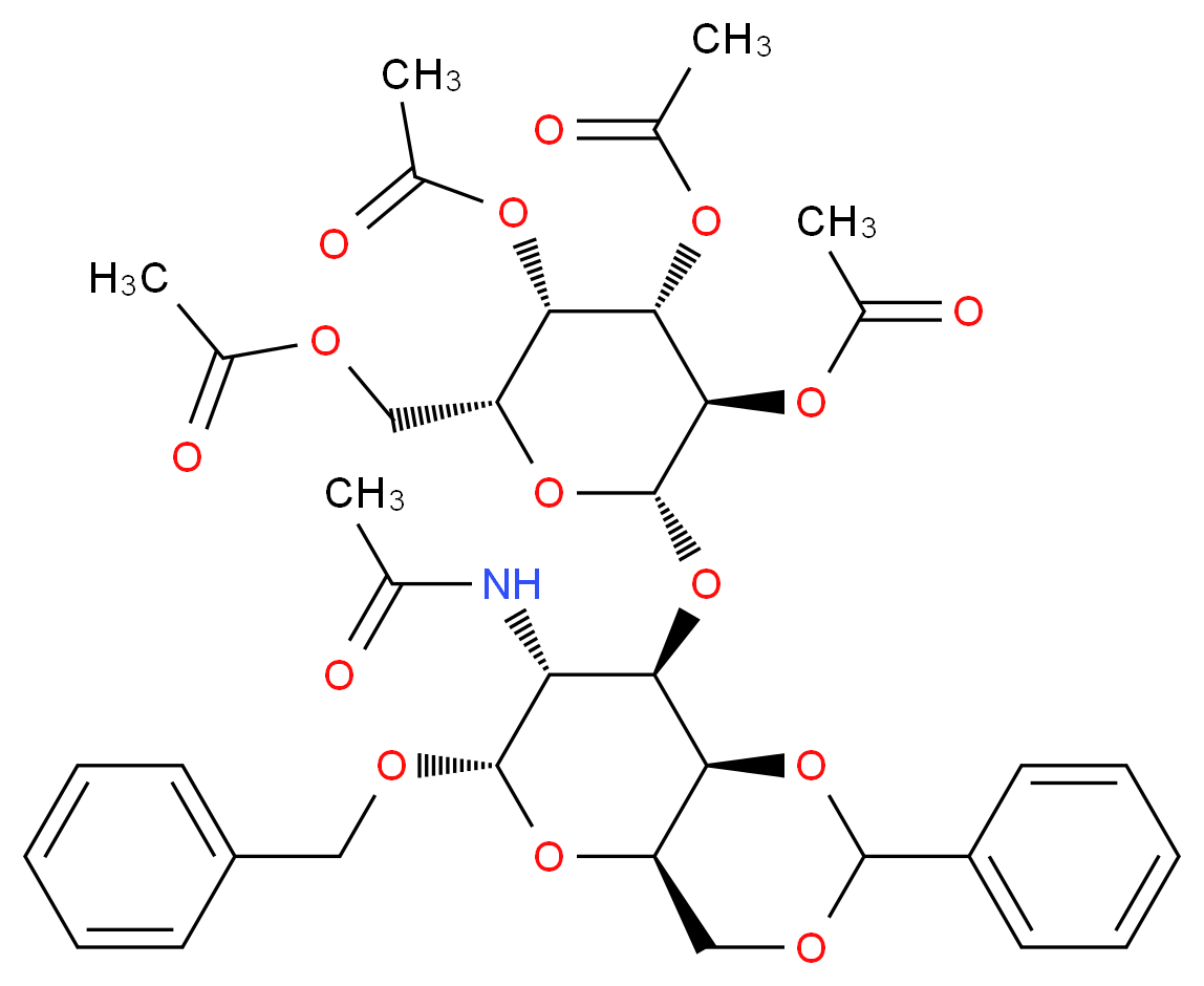 Benzyl 2-Acetamido-2-deoxy-4,6-O-benzylidene-3-O-(2',3',4',6'-tetra- O-acetyl-β-D-galactopyranosyl)-α-D-galactopyranoside_分子结构_CAS_86327-84-6)