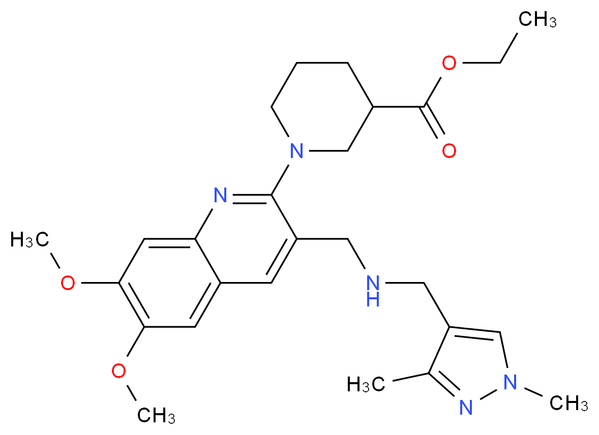 ethyl 1-[3-({[(1,3-dimethyl-1H-pyrazol-4-yl)methyl]amino}methyl)-6,7-dimethoxy-2-quinolinyl]-3-piperidinecarboxylate_分子结构_CAS_)