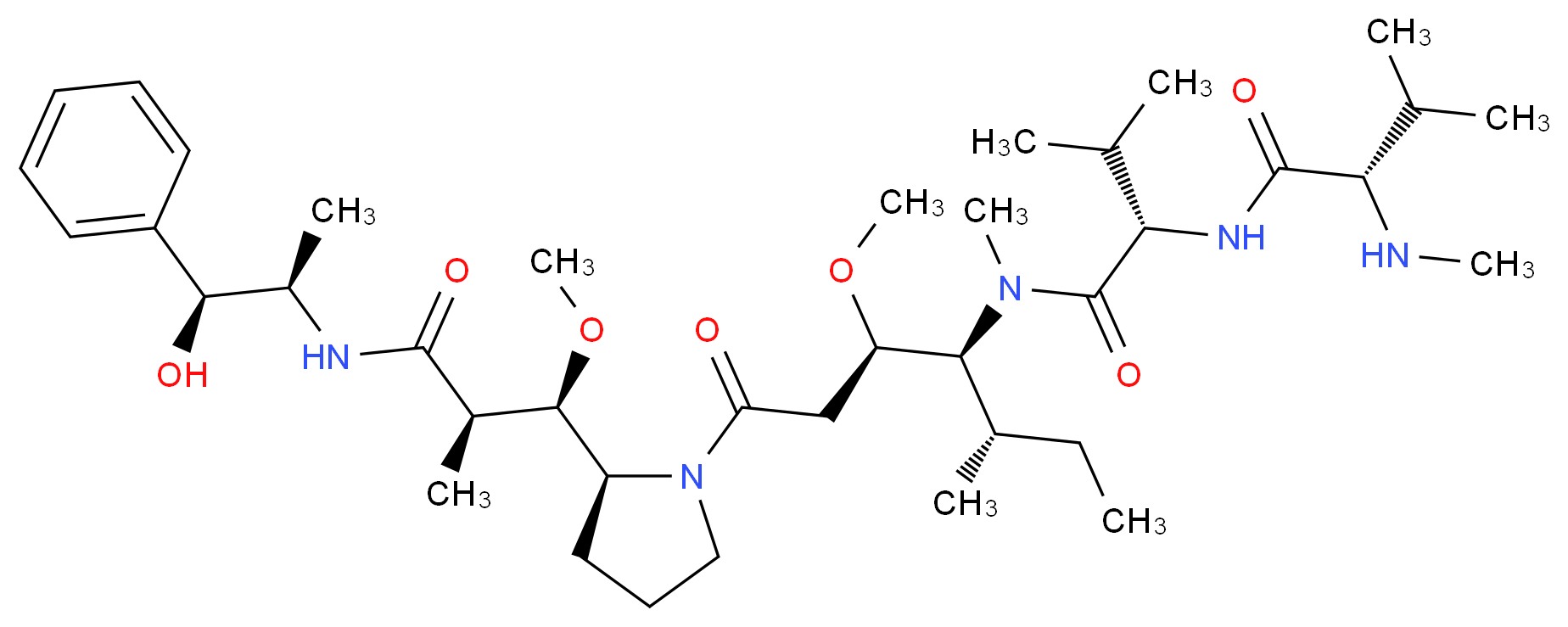 (2S)-N-[(3R,4S,5S)-1-[(2S)-2-[(1R,2R)-2-{[(1S,2R)-1-hydroxy-1-phenylpropan-2-yl]carbamoyl}-1-methoxy-2-methylethyl]pyrrolidin-1-yl]-3-methoxy-5-methyl-1-oxoheptan-4-yl]-N,3-dimethyl-2-[(2S)-3-methyl-2-(methylamino)butanamido]butanamide_分子结构_CAS_474645-27-7
