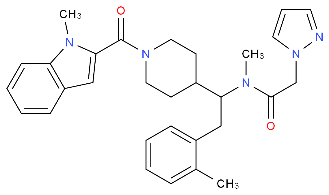 N-methyl-N-[1-{1-[(1-methyl-1H-indol-2-yl)carbonyl]-4-piperidinyl}-2-(2-methylphenyl)ethyl]-2-(1H-pyrazol-1-yl)acetamide_分子结构_CAS_)