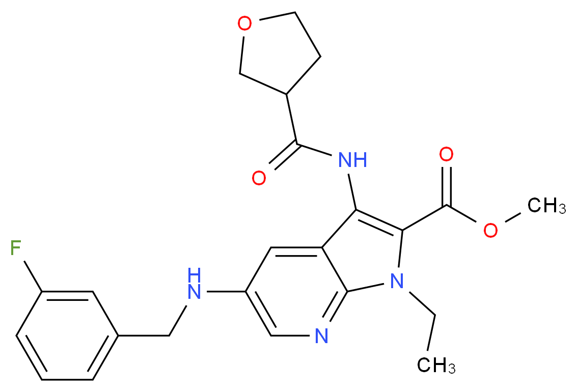 methyl 1-ethyl-5-[(3-fluorobenzyl)amino]-3-[(tetrahydro-3-furanylcarbonyl)amino]-1H-pyrrolo[2,3-b]pyridine-2-carboxylate_分子结构_CAS_)