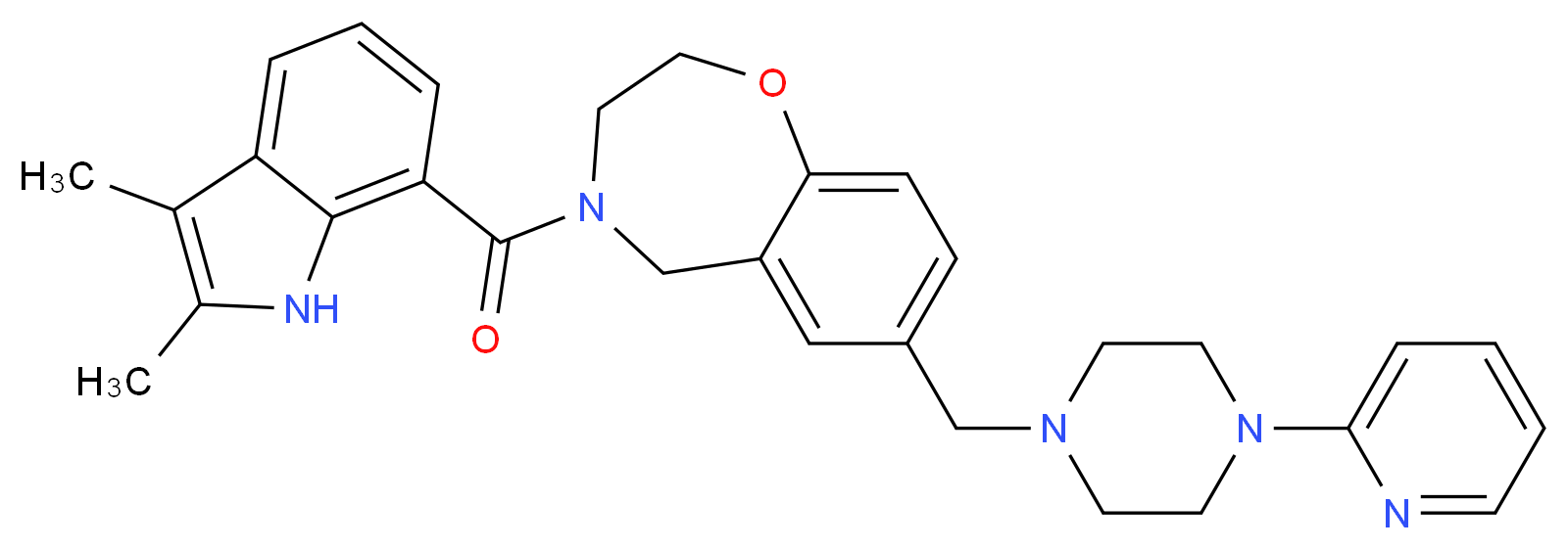 4-[(2,3-dimethyl-1H-indol-7-yl)carbonyl]-7-{[4-(2-pyridinyl)-1-piperazinyl]methyl}-2,3,4,5-tetrahydro-1,4-benzoxazepine_分子结构_CAS_)