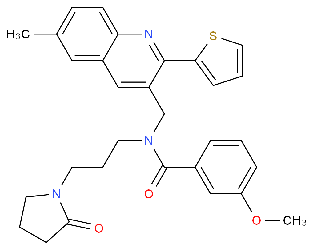 3-methoxy-N-{[6-methyl-2-(2-thienyl)-3-quinolinyl]methyl}-N-[3-(2-oxo-1-pyrrolidinyl)propyl]benzamide_分子结构_CAS_)