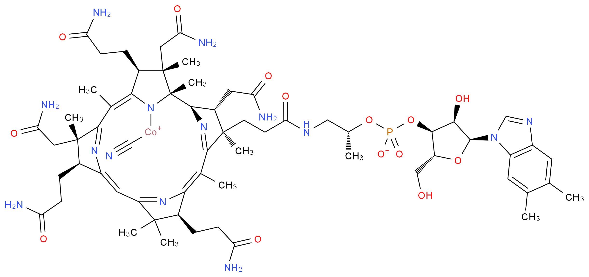 cyano[(1R,2R,3R,4R,6Z,8S,11Z,13S,14S,16Z,18S,19S)-8,13,18-tris(2-carbamoylethyl)-3,14,19-tris(carbamoylmethyl)-4-(2-{[(2R)-2-{[(2R,3S,4R,5S)-5-(5,6-dimethyl-1H-1,3-benzodiazol-1-yl)-4-hydroxy-2-(hydroxymethyl)oxolan-3-yl phosphonato]oxy}propyl]carbamoyl}ethyl)-1,4,6,9,9,14,16,19-octamethyl-20,21,22,23-tetraazapentacyclo[15.2.1.1?,?.1?,??.1??,??]tricosa-5(23),6,10(22),11,15(21),16-hexaen-20-yl]cobaltylium_分子结构_CAS_68-19-9