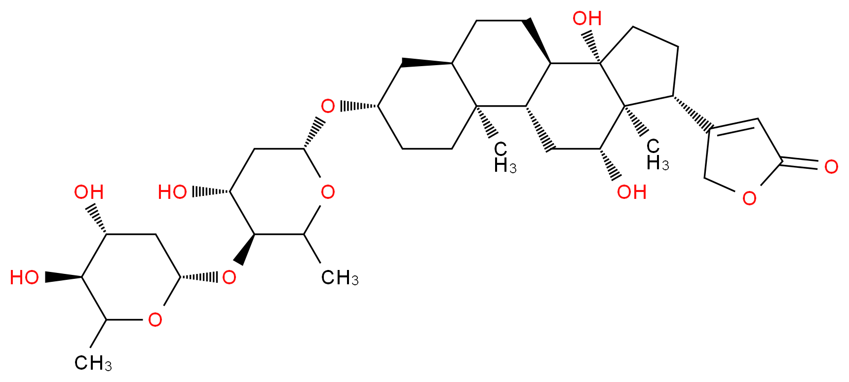 4-[(1S,2S,5S,7R,10R,11S,14R,15S,16R)-5-{[(2R,4R,5S)-5-{[(2S,4R,5S)-4,5-dihydroxy-6-methyloxan-2-yl]oxy}-4-hydroxy-6-methyloxan-2-yl]oxy}-11,16-dihydroxy-2,15-dimethyltetracyclo[8.7.0.0<sup>2</sup>,<sup>7</sup>.0<sup>1</sup><sup>1</sup>,<sup>1</sup><sup>5</sup>]heptadecan-14-yl]-2,5-dihydrofuran-2-one_分子结构_CAS_5297-05-2