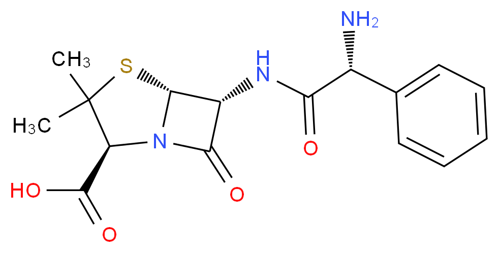 (2S,5R,6R)-6-[(2R)-2-amino-2-phenylacetamido]-3,3-dimethyl-7-oxo-4-thia-1-azabicyclo[3.2.0]heptane-2-carboxylic acid_分子结构_CAS_69-53-4