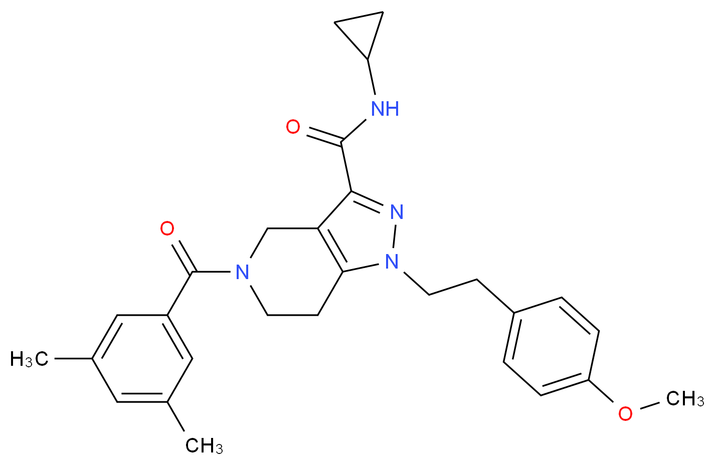 N-cyclopropyl-5-(3,5-dimethylbenzoyl)-1-[2-(4-methoxyphenyl)ethyl]-4,5,6,7-tetrahydro-1H-pyrazolo[4,3-c]pyridine-3-carboxamide_分子结构_CAS_)
