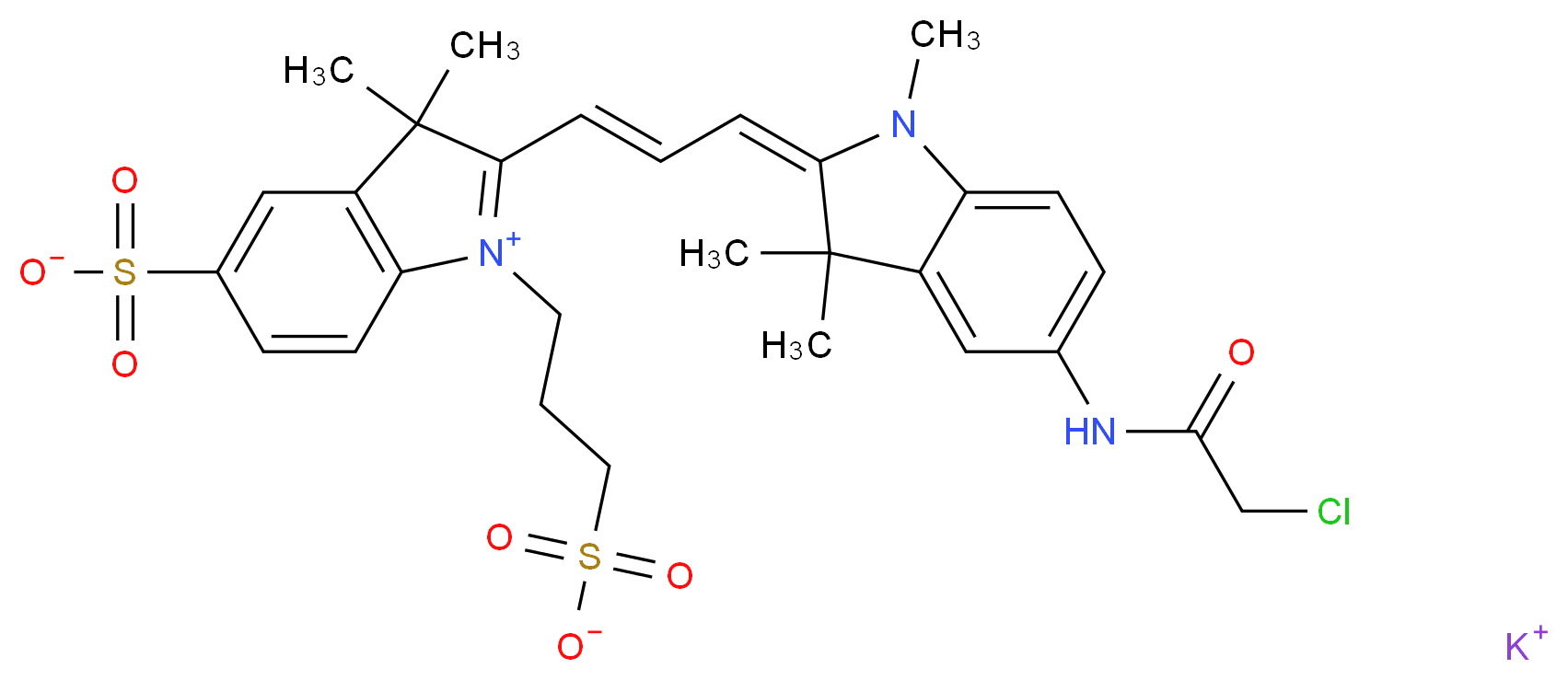 potassium 2-[(1E)-3-[(2E)-5-(2-chloroacetamido)-1,3,3-trimethyl-2,3-dihydro-1H-indol-2-ylidene]prop-1-en-1-yl]-3,3-dimethyl-1-(3-sulfonatopropyl)-3H-indol-1-ium-5-sulfonate_分子结构_CAS_427882-81-3