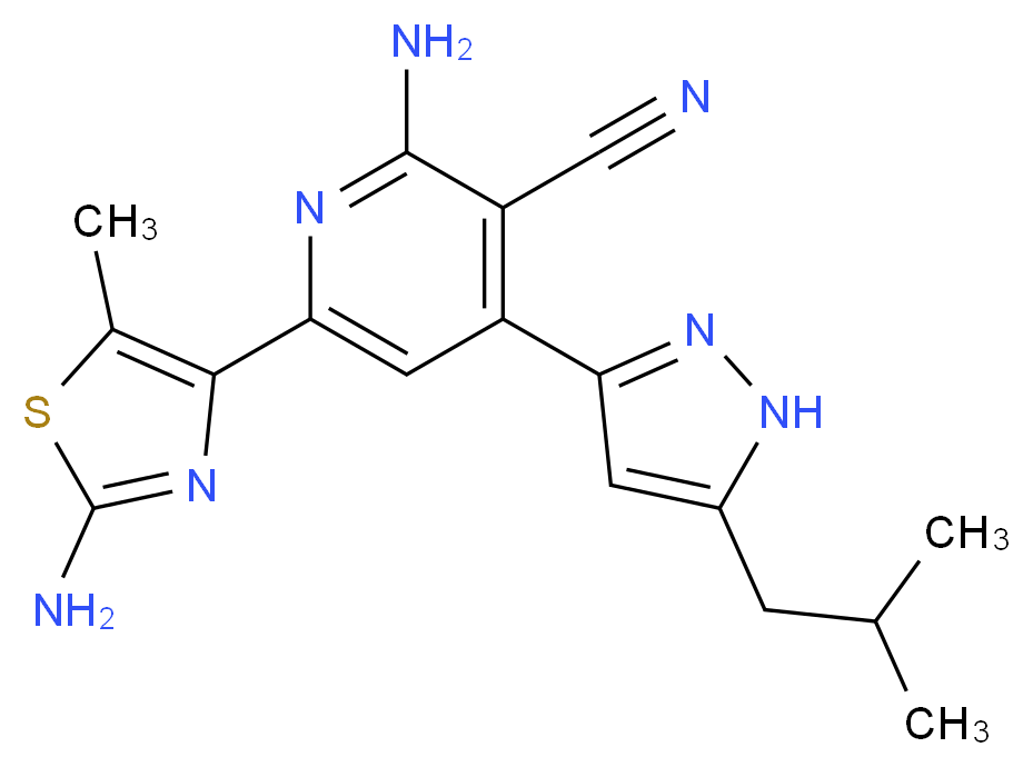2-amino-6-(2-amino-5-methyl-1,3-thiazol-4-yl)-4-(5-isobutyl-1H-pyrazol-3-yl)nicotinonitrile_分子结构_CAS_)