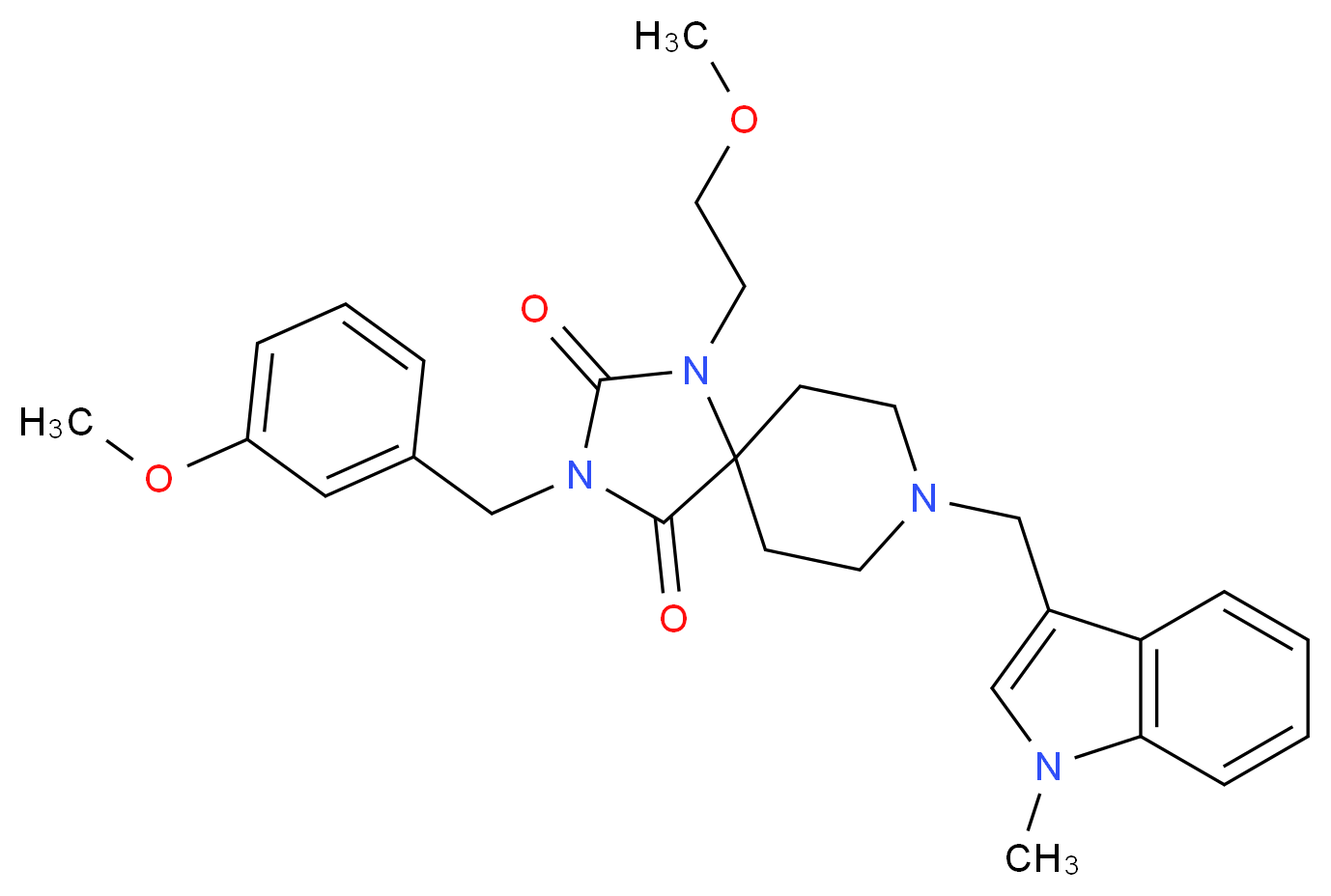 3-(3-methoxybenzyl)-1-(2-methoxyethyl)-8-[(1-methyl-1H-indol-3-yl)methyl]-1,3,8-triazaspiro[4.5]decane-2,4-dione_分子结构_CAS_)