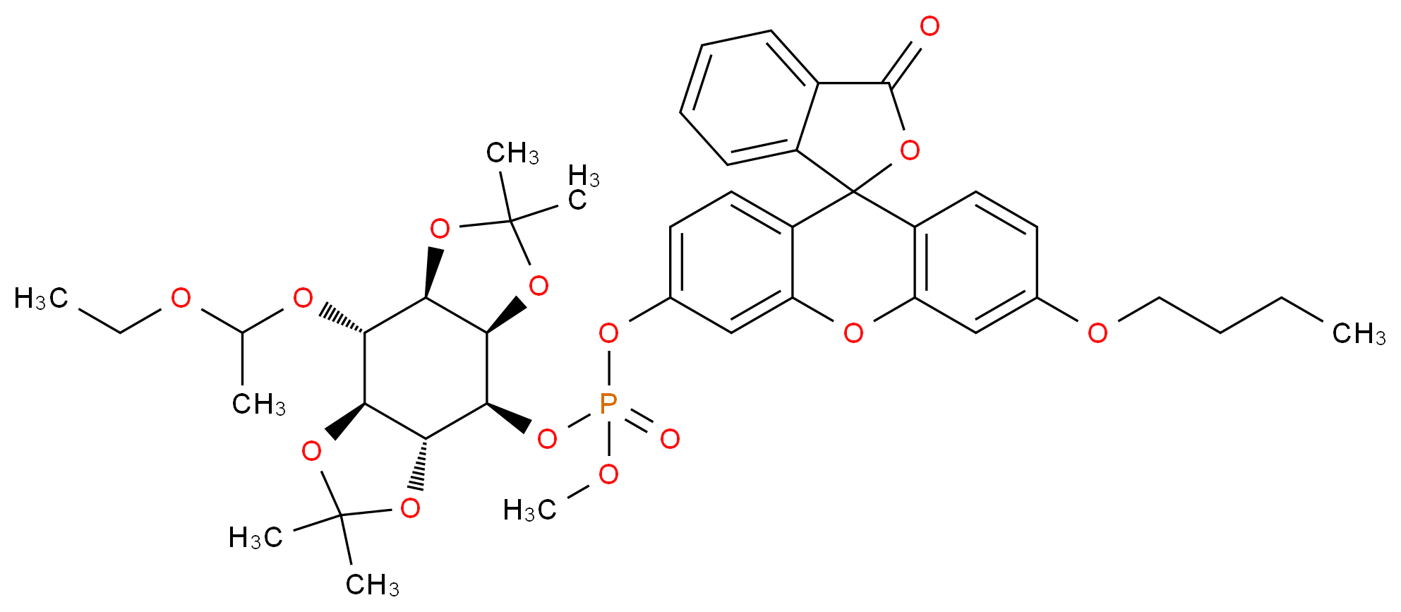 O-Methyl-O-(N-Butylfluorescein)-O-{3-[6-O-(D,L-1-ethoxyethyl)-1,2:4,5-bis-O-(1-methylethylidene)-D,L-myo-inositol]}phosphate_分子结构_CAS_335630-21-2)