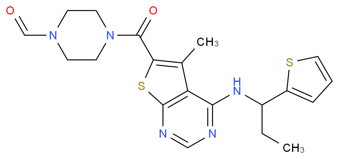 4-[(5-methyl-4-{[1-(2-thienyl)propyl]amino}thieno[2,3-d]pyrimidin-6-yl)carbonyl]-1-piperazinecarbaldehyde_分子结构_CAS_)