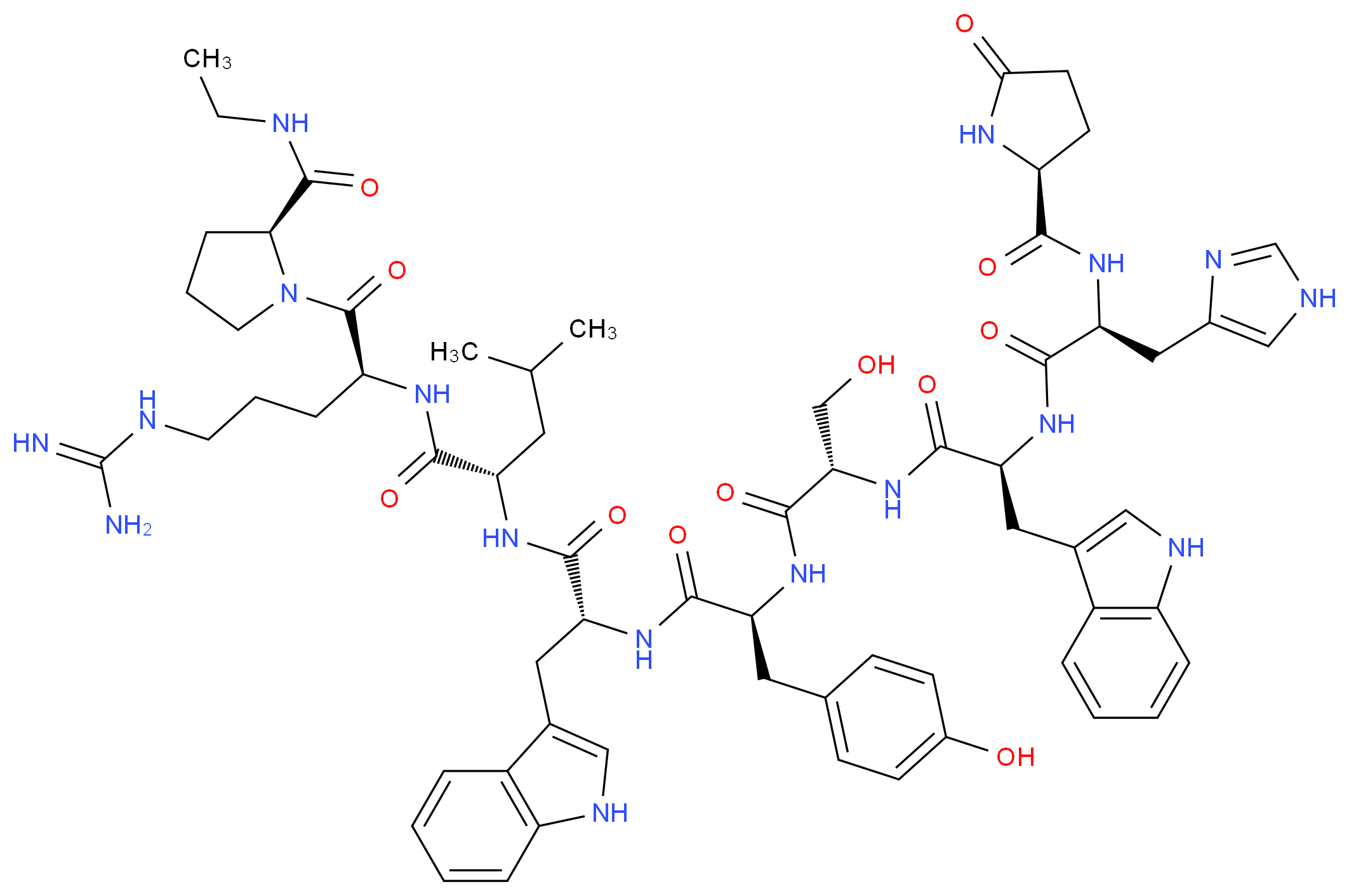 (2S)-1-[(2S)-5-carbamimidamido-2-[(2S)-2-[(2R)-2-[(2S)-2-[(2S)-3-hydroxy-2-[(2S)-2-[(2S)-3-(1H-imidazol-4-yl)-2-{[(2S)-5-oxopyrrolidin-2-yl]formamido}propanamido]-3-(1H-indol-3-yl)propanamido]propanamido]-3-(4-hydroxyphenyl)propanamido]-3-(1H-indol-3-yl)propanamido]-4-methylpentanamido]pentanoyl]-N-ethylpyrrolidine-2-carboxamide_分子结构_CAS_57773-65-6
