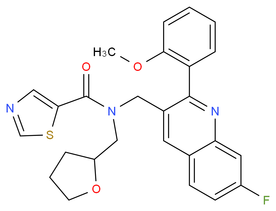 N-{[7-fluoro-2-(2-methoxyphenyl)-3-quinolinyl]methyl}-N-(tetrahydro-2-furanylmethyl)-1,3-thiazole-5-carboxamide_分子结构_CAS_)