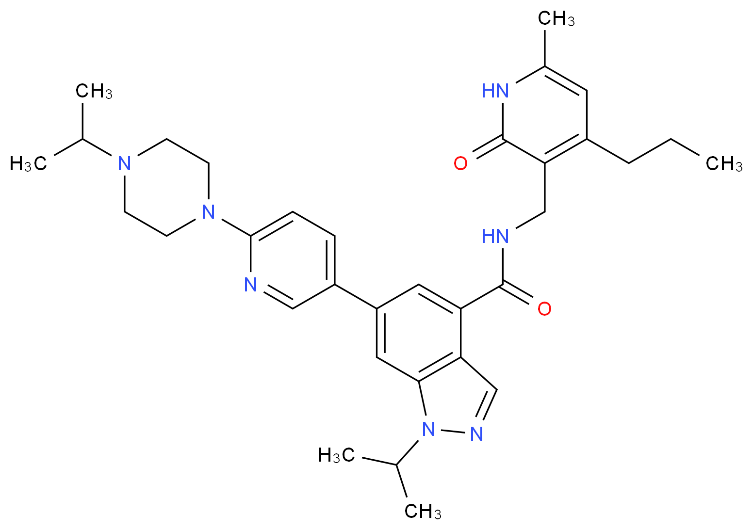 N-[(6-methyl-2-oxo-4-propyl-1,2-dihydropyridin-3-yl)methyl]-1-(propan-2-yl)-6-{6-[4-(propan-2-yl)piperazin-1-yl]pyridin-3-yl}-1H-indazole-4-carboxamide_分子结构_CAS_1431612-23-5