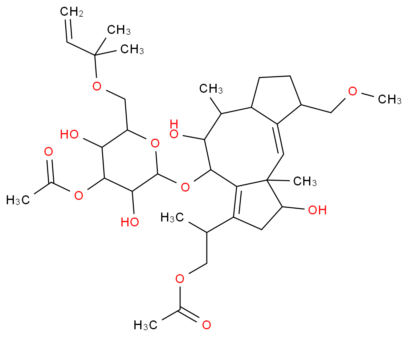 2-[(1E)-8-{[4-(acetyloxy)-3,5-dihydroxy-6-{[(2-methylbut-3-en-2-yl)oxy]methyl}oxan-2-yl]oxy}-4,9-dihydroxy-14-(methoxymethyl)-3,10-dimethyltricyclo[9.3.0.0<sup>3</sup>,<sup>7</sup>]tetradeca-1,6-dien-6-yl]propyl acetate_分子结构_CAS_20108-30-9