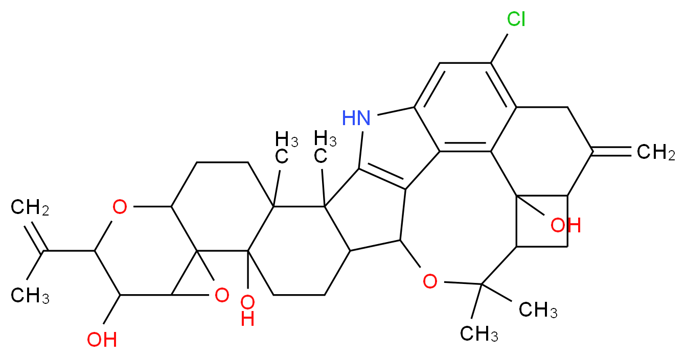 21-chloro-15,16,33,33-tetramethyl-24-methylidene-10-(prop-1-en-2-yl)-7,11,32-trioxa-18-azadecacyclo[25.4.2.0<sup>2</sup>,<sup>1</sup><sup>6</sup>.0<sup>5</sup>,<sup>1</sup><sup>5</sup>.0<sup>6</sup>,<sup>8</sup>.0<sup>6</sup>,<sup>1</sup><sup>2</sup>.0<sup>1</sup><sup>7</sup>,<sup>3</sup><sup>1</sup>.0<sup>1</sup><sup>9</sup>,<sup>3</sup><sup>0</sup>.0<sup>2</sup><sup>2</sup>,<sup>2</sup><sup>9</sup>.0<sup>2</sup><sup>5</sup>,<sup>2</sup><sup>8</sup>]tritriaconta-17(31),19,21,29-tetraene-5,9,28-triol_分子结构_CAS_12627-35-9