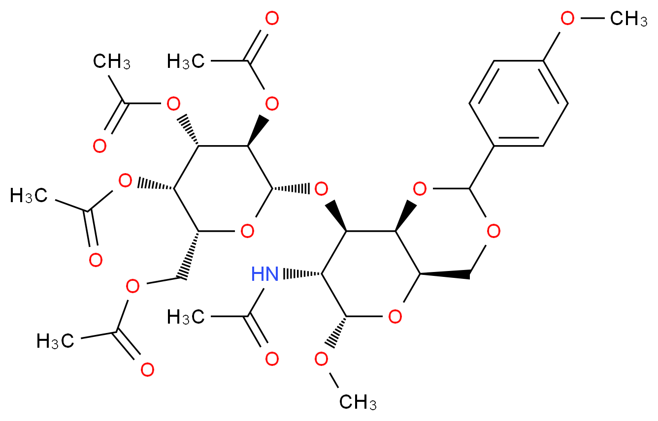 [(2R,3S,4S,5R,6R)-6-{[(4aR,6S,7R,8R,8aR)-7-acetamido-6-methoxy-2-(4-methoxyphenyl)-hexahydro-2H-pyrano[3,2-d][1,3]dioxin-8-yl]oxy}-3,4,5-tris(acetyloxy)oxan-2-yl]methyl acetate_分子结构_CAS_316139-74-9