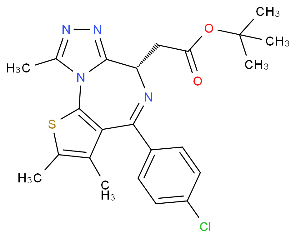 tert-butyl 2-[(9S)-7-(4-chlorophenyl)-4,5,13-trimethyl-3-thia-1,8,11,12-tetraazatricyclo[8.3.0.0<sup>2</sup>,<sup>6</sup>]trideca-2(6),4,7,10,12-pentaen-9-yl]acetate_分子结构_CAS_1268524-70-4