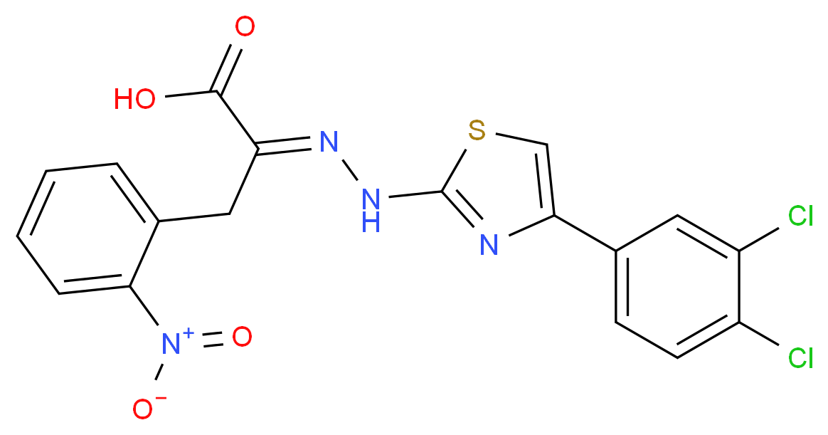 (2E)-2-{2-[4-(3,4-dichlorophenyl)-1,3-thiazol-2-yl]hydrazin-1-ylidene}-3-(2-nitrophenyl)propanoic acid_分子结构_CAS_315706-13-9