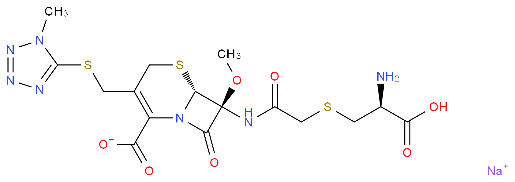 sodium (6R,7S)-7-(2-{[(2S)-2-amino-2-carboxyethyl]sulfanyl}acetamido)-7-methoxy-3-{[(1-methyl-1H-1,2,3,4-tetrazol-5-yl)sulfanyl]methyl}-8-oxo-5-thia-1-azabicyclo[4.2.0]oct-2-ene-2-carboxylate_分子结构_CAS_75498-96-3
