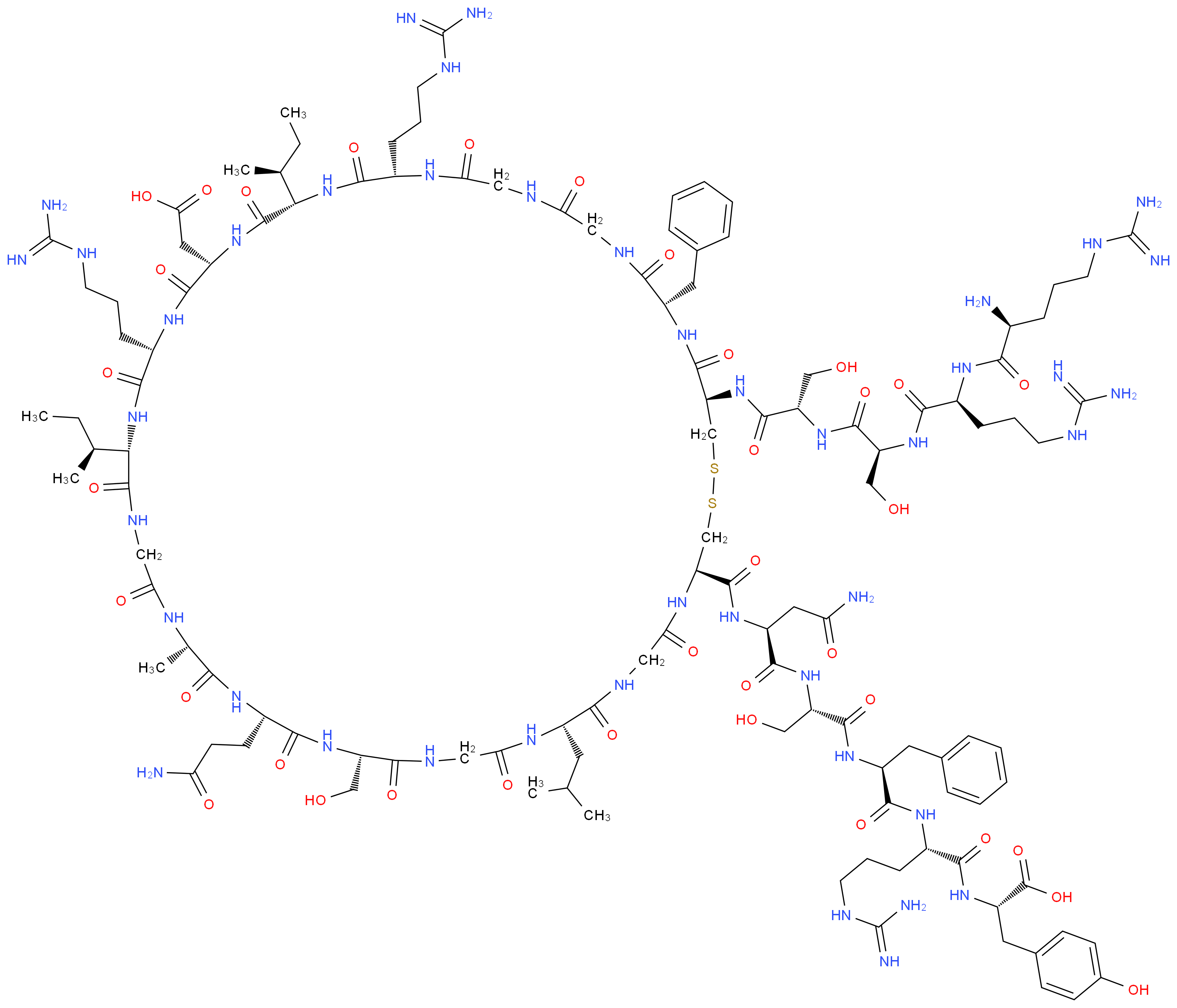 (2S)-2-[(2S)-2-[(2S)-2-[(2S)-2-[(2S)-2-{[(4R,10S,16S,19S,22S,28S,31S,34S,37S,40S,49S,52R)-52-[(2S)-2-[(2S)-2-[(2S)-2-[(2S)-2-amino-5-carbamimidamidopentanamido]-5-carbamimidamidopentanamido]-3-hydroxypropanamido]-3-hydroxypropanamido]-49-benzyl-28,37-bis[(2S)-butan-2-yl]-31,40-bis(3-carbamimidamidopropyl)-19-(2-carbamoylethyl)-34-(carboxymethyl)-16-(hydroxymethyl)-22-methyl-10-(2-methylpropyl)-6,9,12,15,18,21,24,27,30,33,36,39,42,45,48,51-hexadecaoxo-1,2-dithia-5,8,11,14,17,20,23,26,29,32,35,38,41,44,47,50-hexadecaazacyclotripentacontan-4-yl]formamido}-3-carbamoylpropanamido]-3-hydroxypropanamido]-3-phenylpropanamido]-5-carbamimidamidopentanamido]-3-(4-hydroxyphenyl)propanoic acid_分子结构_CAS_90984-99-9