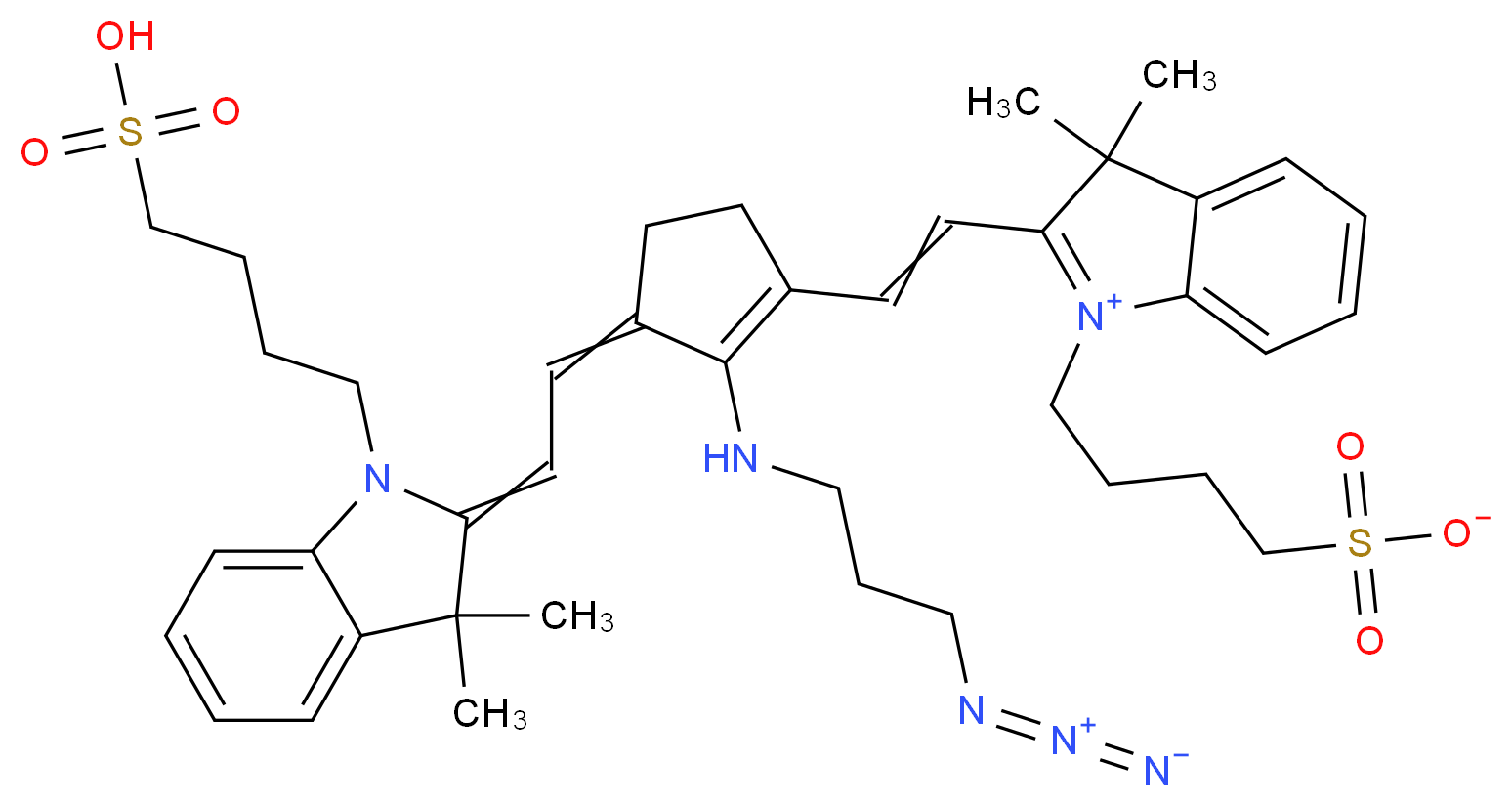 2-(2-{2-[(3-azidopropyl)amino]-3-{2-[3,3-dimethyl-1-(4-sulfobutyl)-2,3-dihydro-1H-indol-2-ylidene]ethylidene}cyclopent-1-en-1-yl}ethenyl)-3,3-dimethyl-1-(4-sulfonatobutyl)-3H-indol-1-ium_分子结构_CAS_1188332-22-0