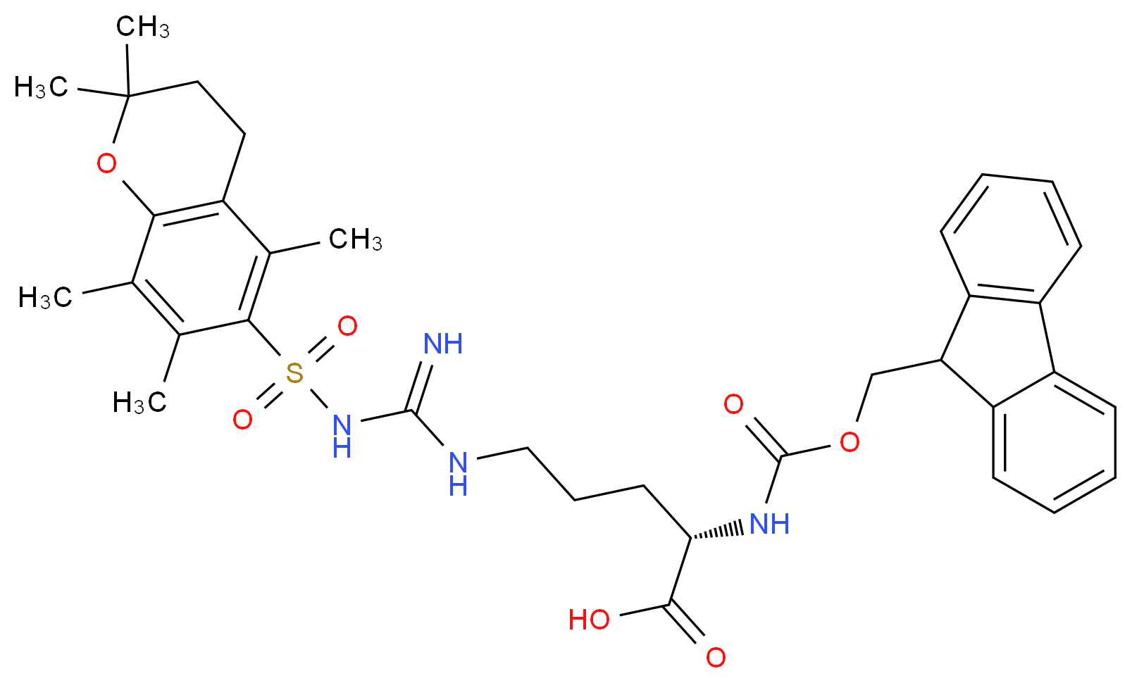 (2S)-2-{[(9H-fluoren-9-ylmethoxy)carbonyl]amino}-5-{3-[(2,2,5,7,8-pentamethyl-3,4-dihydro-2H-1-benzopyran-6-yl)sulfonyl]carbamimidamido}pentanoic acid_分子结构_CAS_119831-72-0