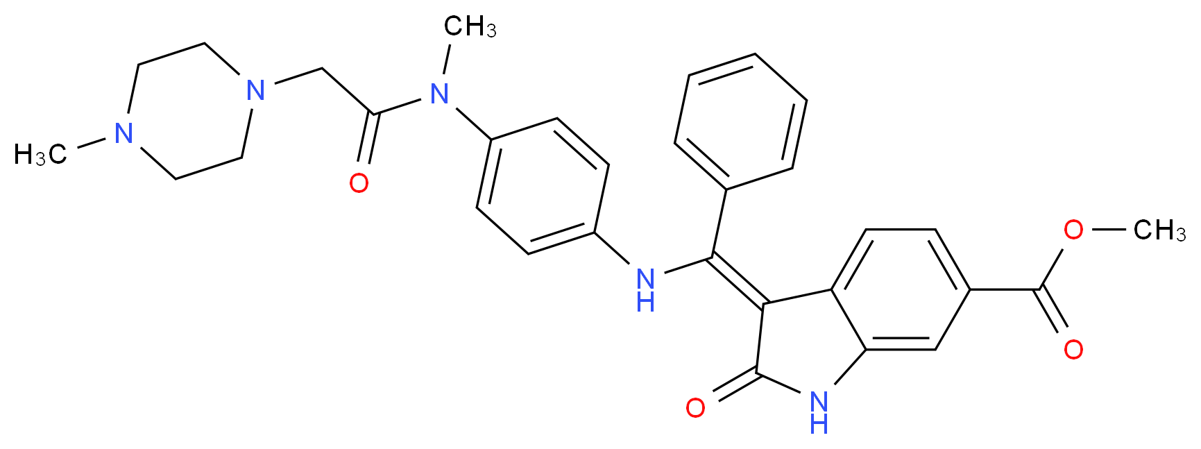 methyl (3Z)-3-[({4-[N-methyl-2-(4-methylpiperazin-1-yl)acetamido]phenyl}amino)(phenyl)methylidene]-2-oxo-2,3-dihydro-1H-indole-6-carboxylate_分子结构_CAS_656247-17-5