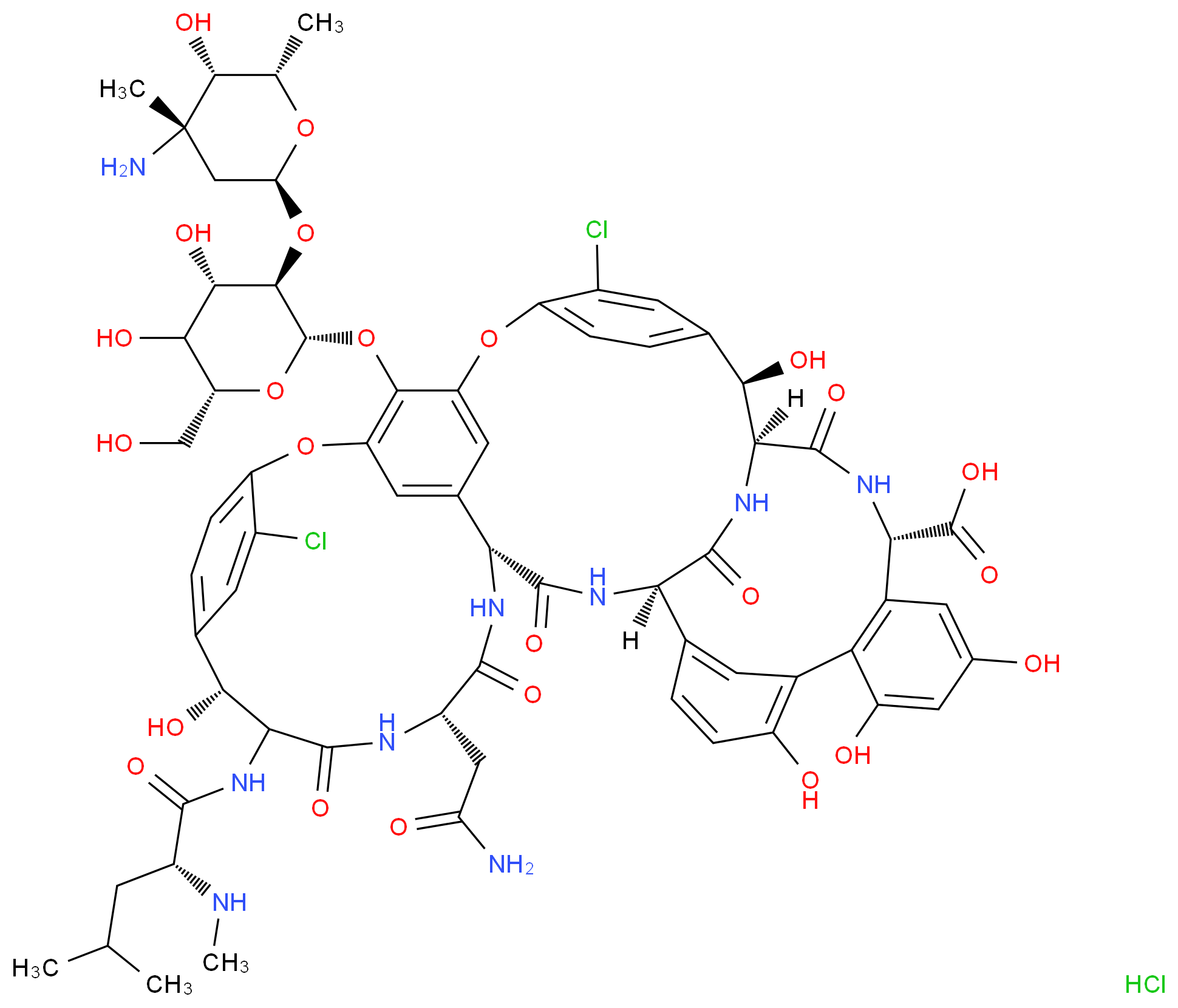 (1S,2R,18R,22S,25R,28R,40S)-48-{[(2S,3R,4S,6R)-3-{[(2S,4S,5S,6S)-4-amino-5-hydroxy-4,6-dimethyloxan-2-yl]oxy}-4,5-dihydroxy-6-(hydroxymethyl)oxan-2-yl]oxy}-22-(carbamoylmethyl)-47,49-dichloro-2,18,32,35,37-pentahydroxy-19-[(2R)-4-methyl-2-(methylamino)pentanamido]-20,23,26,42,44-pentaoxo-7,13-dioxa-21,24,27,41,43-pentaazaoctacyclo[26.14.2.2<sup>3</sup>,<sup>6</sup>.2<sup>1</sup><sup>4</sup>,<sup>1</sup><sup>7</sup>.1<sup>8</sup>,<sup>1</sup><sup>2</sup>.1<sup>2</sup><sup>9</sup>,<sup>3</sup><sup>3</sup>.0<sup>1</sup><sup>0</sup>,<sup>2</sup><sup>5</sup>.0<sup>3</sup><sup>4</sup>,<sup>3</sup><sup>9</sup>]pentaconta-3,5,8,10,12(48),14,16,29(45),30,32,34(39),35,37,46,49-pentadecaene-40-carboxylic acid hydrochloride_分子结构_CAS_1404-93-9