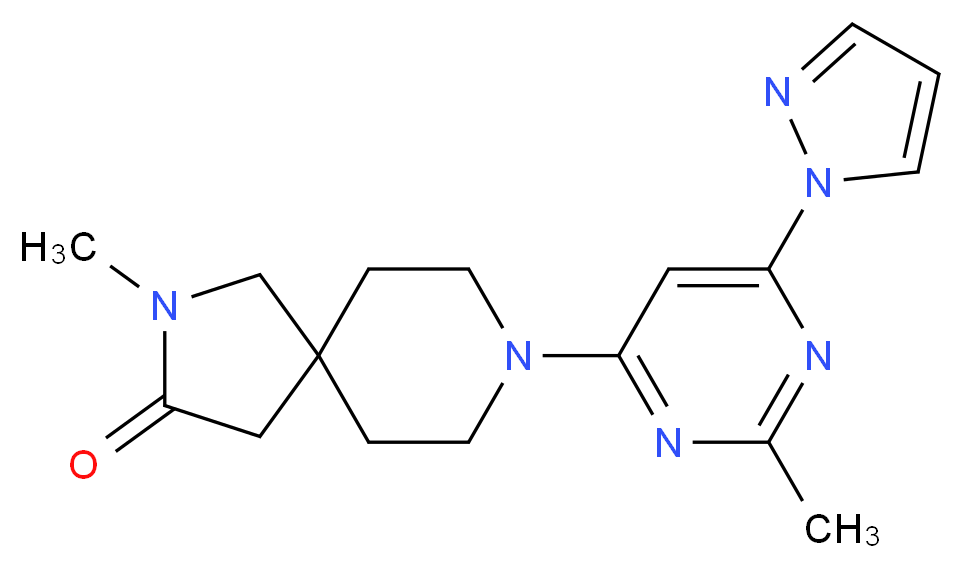 2-methyl-8-[2-methyl-6-(1H-pyrazol-1-yl)-4-pyrimidinyl]-2,8-diazaspiro[4.5]decan-3-one_分子结构_CAS_)