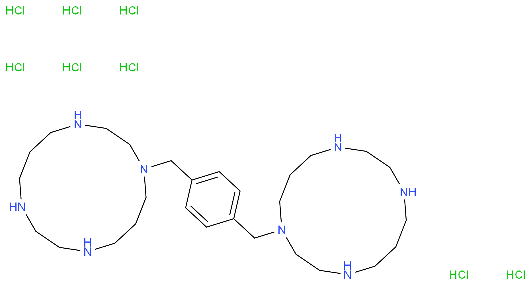 1-{[4-(1,4,8,11-tetraazacyclotetradecan-1-ylmethyl)phenyl]methyl}-1,4,8,11-tetraazacyclotetradecane octahydrochloride_分子结构_CAS_155148-31-5