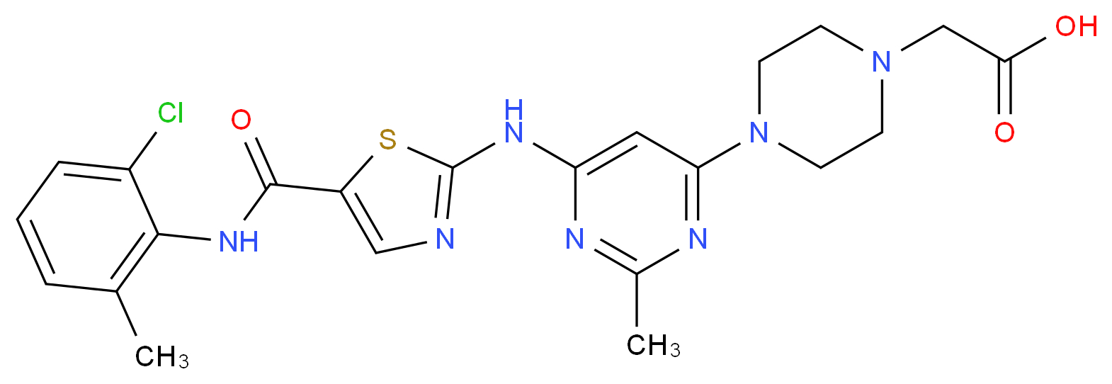 2-{4-[6-({5-[(2-chloro-6-methylphenyl)carbamoyl]-1,3-thiazol-2-yl}amino)-2-methylpyrimidin-4-yl]piperazin-1-yl}acetic acid_分子结构_CAS_910297-53-9